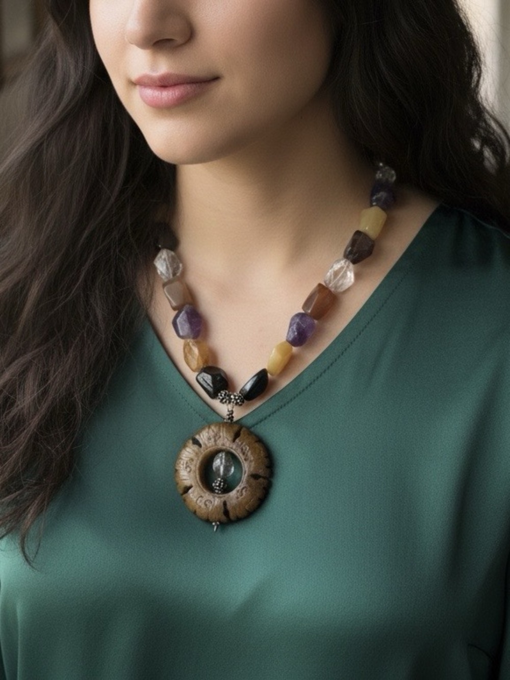Asian Statement Bi Disc Stone Necklace
